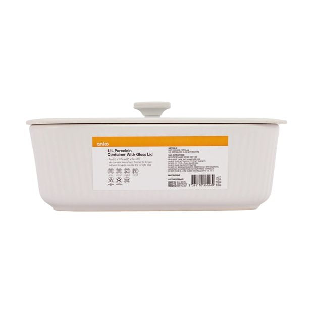 Porcelain Container with Glass Lid, 1.1L  - Anko