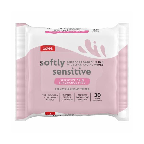 COLES SOFTLY SENSITIVE MICELLAR FACIAL WIPES 30PK