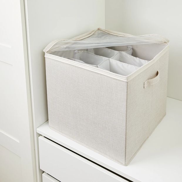 Linen Look Storage Box with Dividers, Beige - Anko