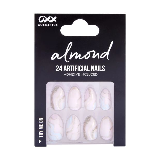 24 Pack Artificial Nails with Adhesive, Almond Shape, Pink and Gold Glitter - OXX Cosmetics
