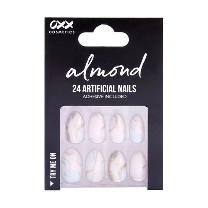 24 Pack Artificial Nails with Adhesive, Almond Shape, Pink and Gold Glitter - OXX Cosmetics