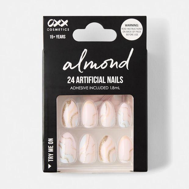 24 Pack Artificial Nails with Adhesive, Almond Shape, Pink and Gold Glitter - OXX Cosmetics