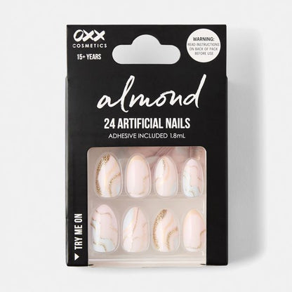 24 Pack Artificial Nails with Adhesive, Almond Shape, Pink and Gold Glitter - OXX Cosmetics
