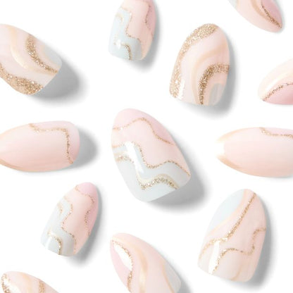 24 Pack Artificial Nails with Adhesive, Almond Shape, Pink and Gold Glitter - OXX Cosmetics