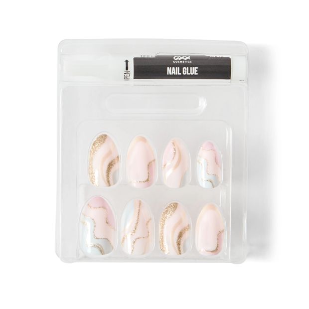 24 Pack Artificial Nails with Adhesive, Almond Shape, Pink and Gold Glitter - OXX Cosmetics