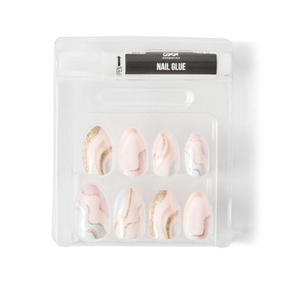 24 Pack Artificial Nails with Adhesive, Almond Shape, Pink and Gold Glitter - OXX Cosmetics