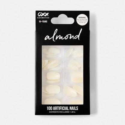 100 Pack Artificial Nails with Adhesive, Almond Shape, Clear - OXX Cosmetics