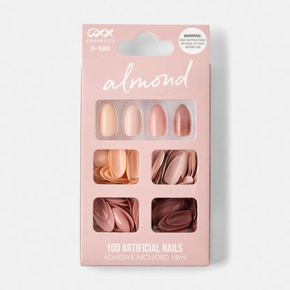 100 Pack Artificial Nails with Adhesive, Almond Shape, Nude - OXX Cosmetics