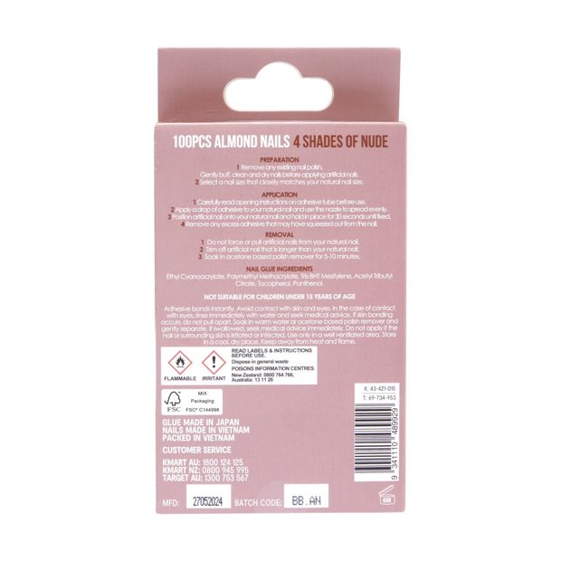 100 Pack Artificial Nails with Adhesive, Almond Shape, Nude - OXX Cosmetics