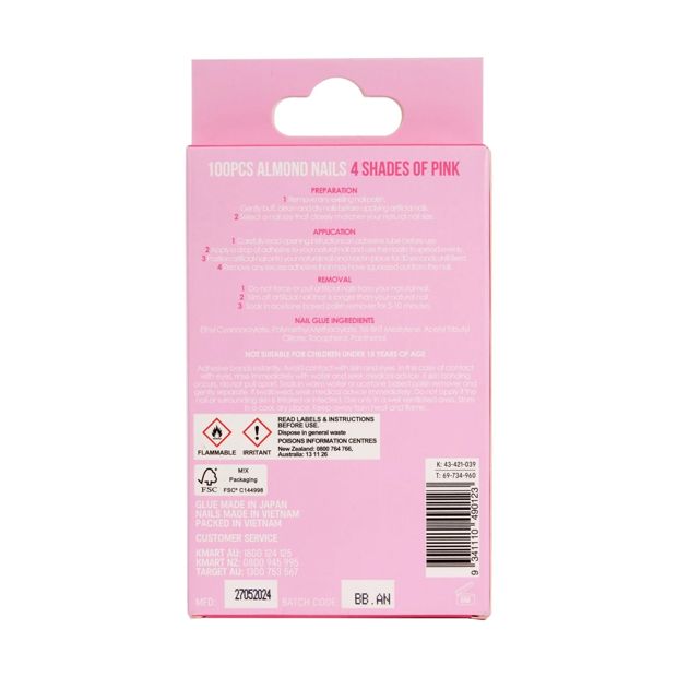 100 Pack Artificial Nails with Adhesive, Almond Shape, Pink - OXX Cosmetics