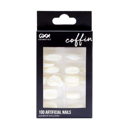 100 Pack Artificial Nails with Adhesive, Coffin Shape, Clear - OXX Cosmetics