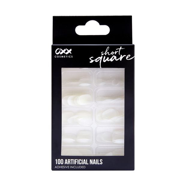 100 Pack Artificial Nails with Adhesive, Short Square Shape, Clear - OXX Cosmetics