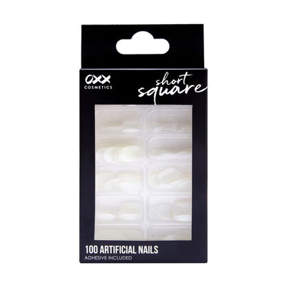 100 Pack Artificial Nails with Adhesive, Short Square Shape, Clear - OXX Cosmetics