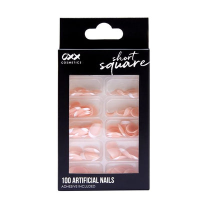 100 Pack Artificial Nails with Adhesive, Short Square Shape, French Tip - OXX Cosmetics