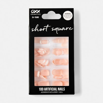 100 Pack Artificial Nails with Adhesive, Short Square Shape, French Tip - OXX Cosmetics