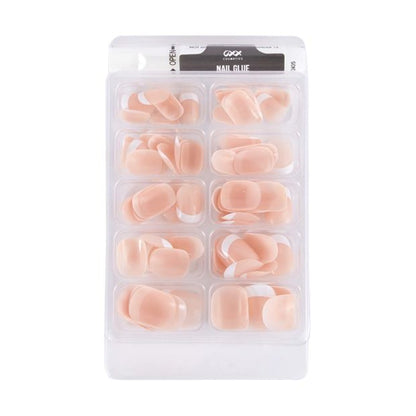 100 Pack Artificial Nails with Adhesive, Short Square Shape, French Tip - OXX Cosmetics