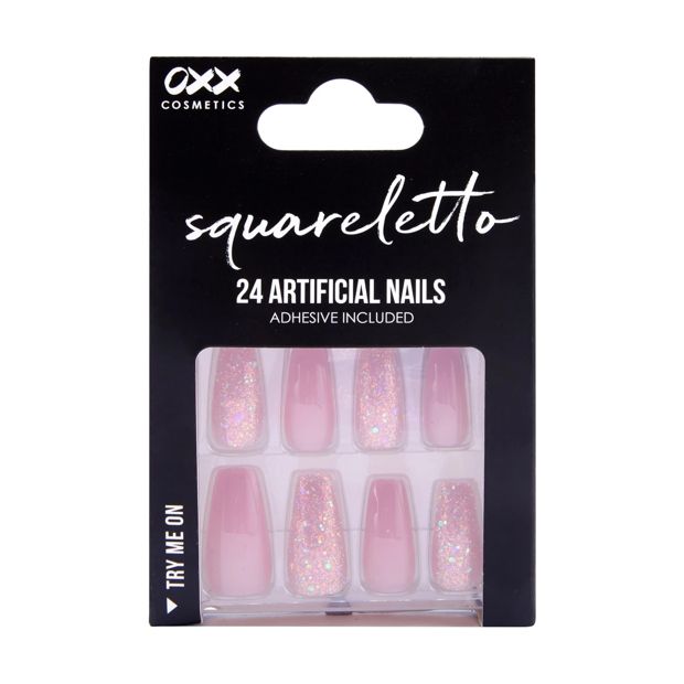 24 Pack Artificial Nails with Adhesive, Squareletto Shape, Pink Glitter - OXX Cosmetics