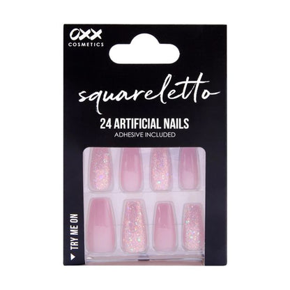 24 Pack Artificial Nails with Adhesive, Squareletto Shape, Pink Glitter - OXX Cosmetics