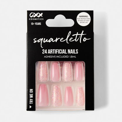 24 Pack Artificial Nails with Adhesive, Squareletto Shape, Pink Glitter - OXX Cosmetics