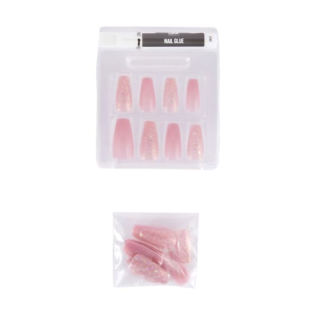 24 Pack Artificial Nails with Adhesive, Squareletto Shape, Pink Glitter - OXX Cosmetics