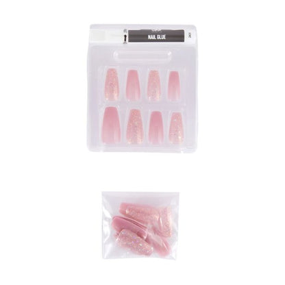 24 Pack Artificial Nails with Adhesive, Squareletto Shape, Pink Glitter - OXX Cosmetics