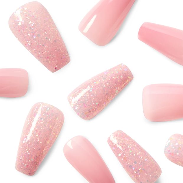24 Pack Artificial Nails with Adhesive, Squareletto Shape, Pink Glitter - OXX Cosmetics