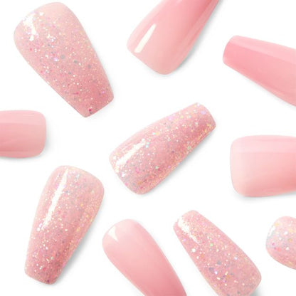 24 Pack Artificial Nails with Adhesive, Squareletto Shape, Pink Glitter - OXX Cosmetics