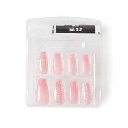 24 Pack Artificial Nails with Adhesive, Squareletto Shape, Pink Glitter - OXX Cosmetics