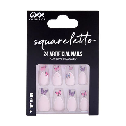 24 Pack Artificial Nails with Adhesive, Squareletto Shape, Butterflies - OXX Cosmetics
