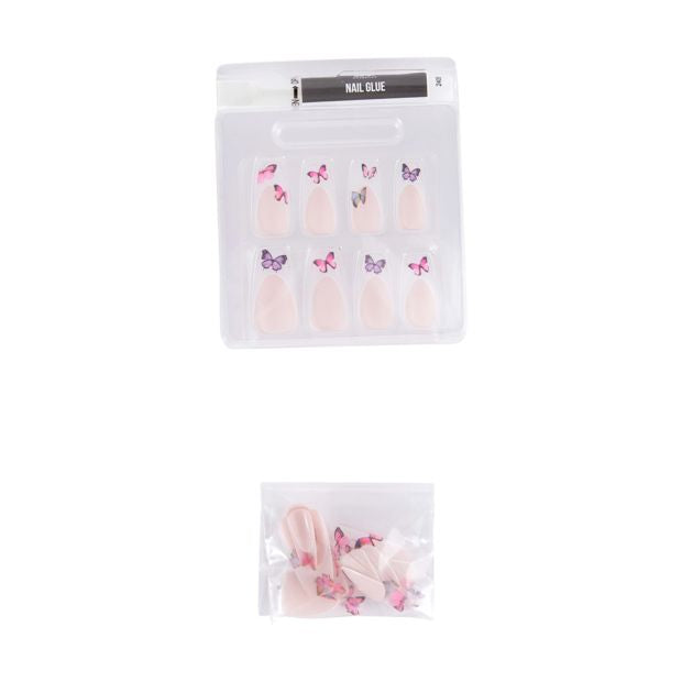 24 Pack Artificial Nails with Adhesive, Squareletto Shape, Butterflies - OXX Cosmetics
