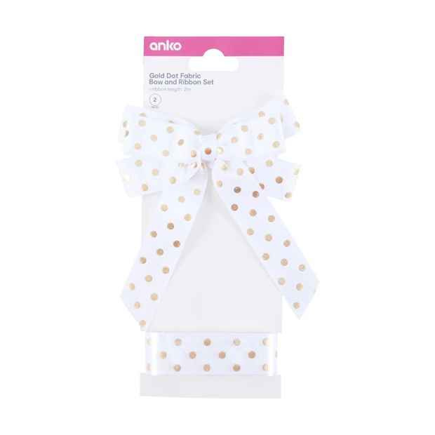 2 Piece Fabric Bow and Ribbon Set, Gold Dot - Anko