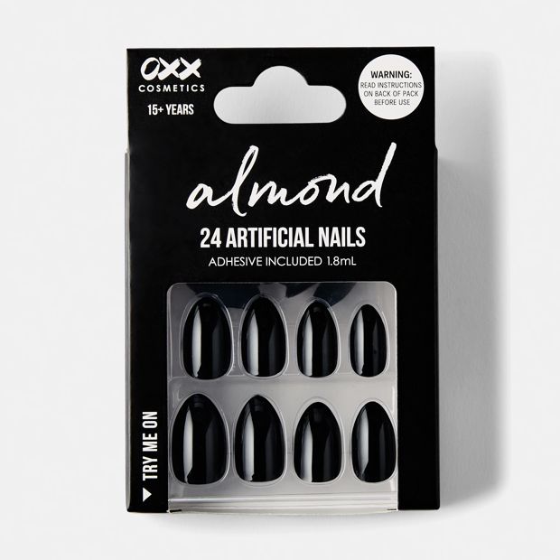 24 Pack Artificial Nails with Adhesive, Almond Shape, Black - OXX Cosmetics