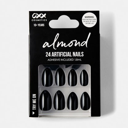 24 Pack Artificial Nails with Adhesive, Almond Shape, Black - OXX Cosmetics