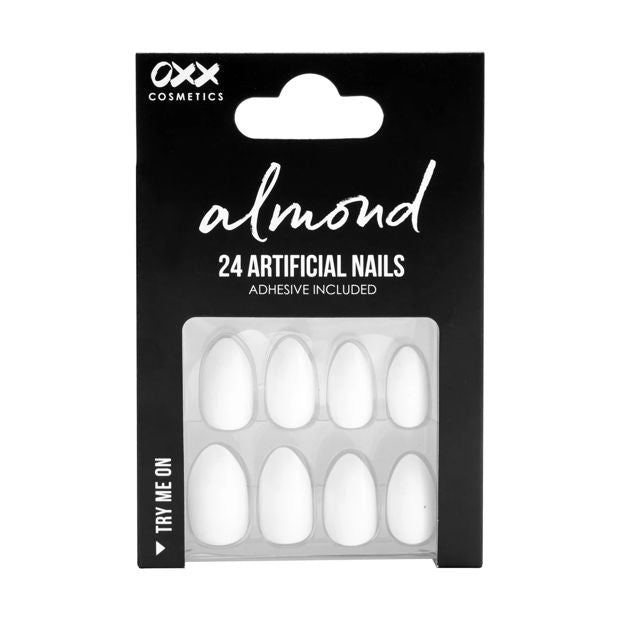 24 Pack Artificial Nails with Adhesive, Almond Shape, White Shiny - OXX Cosmetics