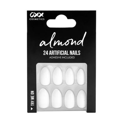 24 Pack Artificial Nails with Adhesive, Almond Shape, White Shiny - OXX Cosmetics