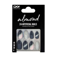 24 Pack Artificial Nails with Adhesive, Almond Shape, Black and Silver Glitter - OXX Cosmetics