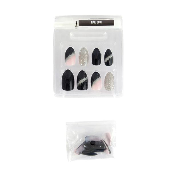 24 Pack Artificial Nails with Adhesive, Almond Shape, Black and Silver Glitter - OXX Cosmetics