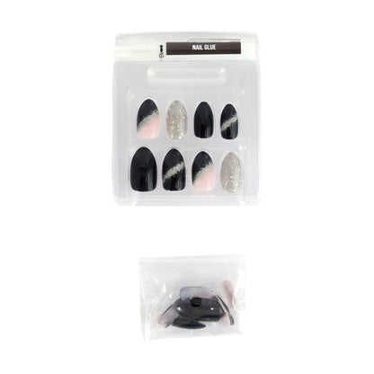 24 Pack Artificial Nails with Adhesive, Almond Shape, Black and Silver Glitter - OXX Cosmetics