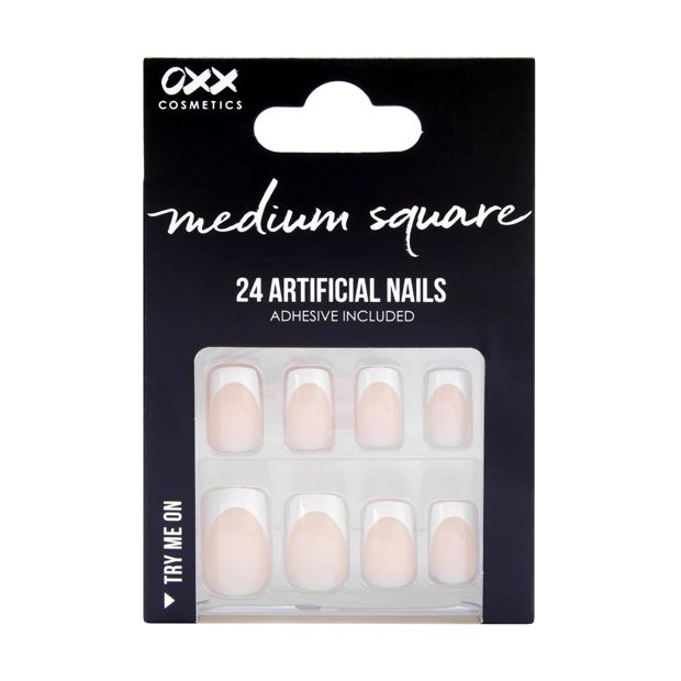 24 Pack Artificial Nails with Adhesive, Medium Square Shape, French Tip - OXX Cosmetics