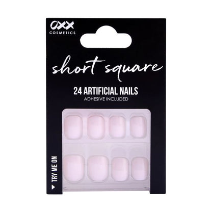24 Pack Artificial Nails with Adhesive, Short Square Shape, Pink - OXX Cosmetics