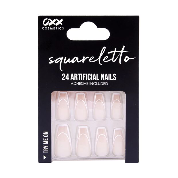 24 Pack Artificial Nails with Adhesive, Squareletto Shape, French Line - OXX Cosmetics
