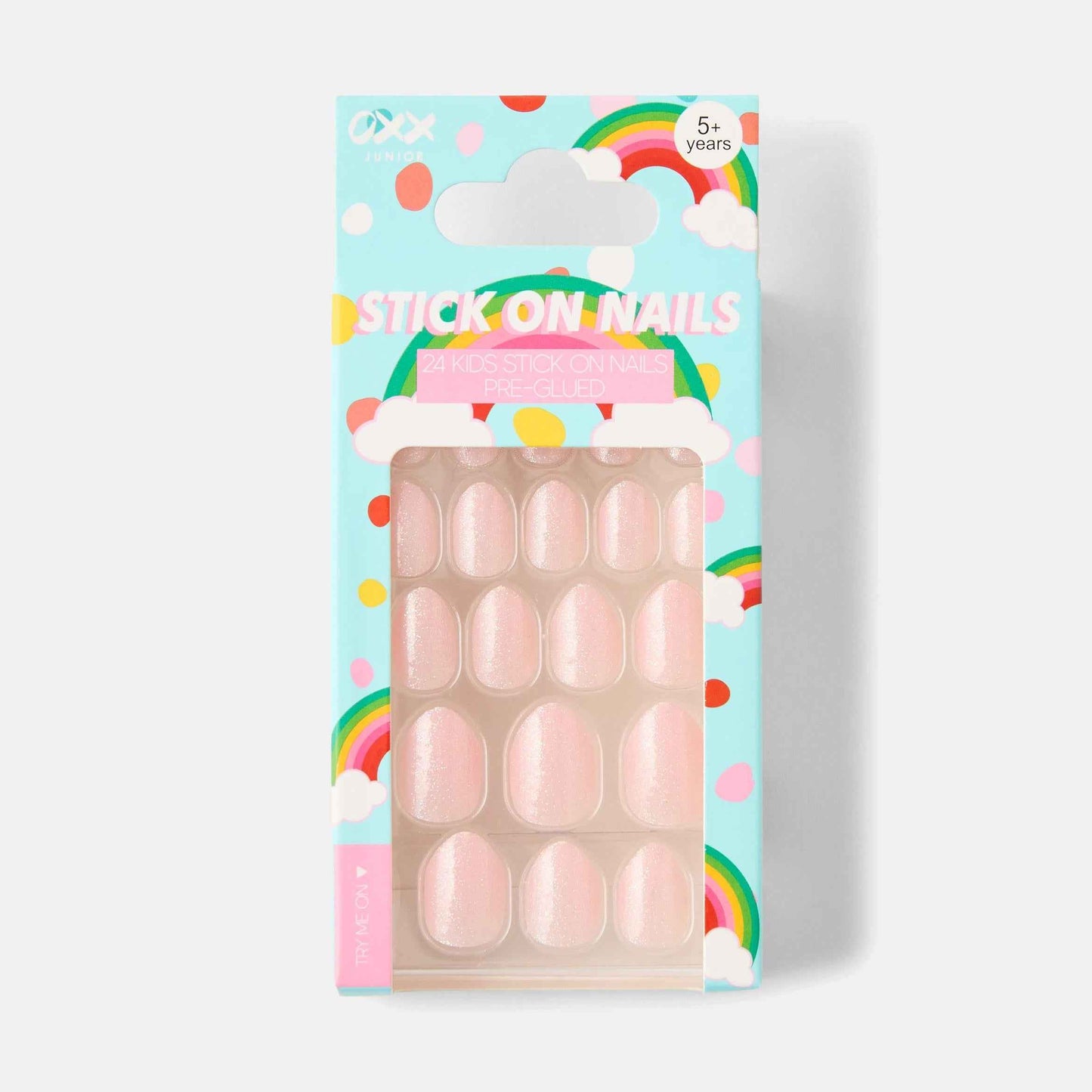 OXX Junior 24 Pack Pre-Glued Stick-On Nails - Shimmer, Pink and White