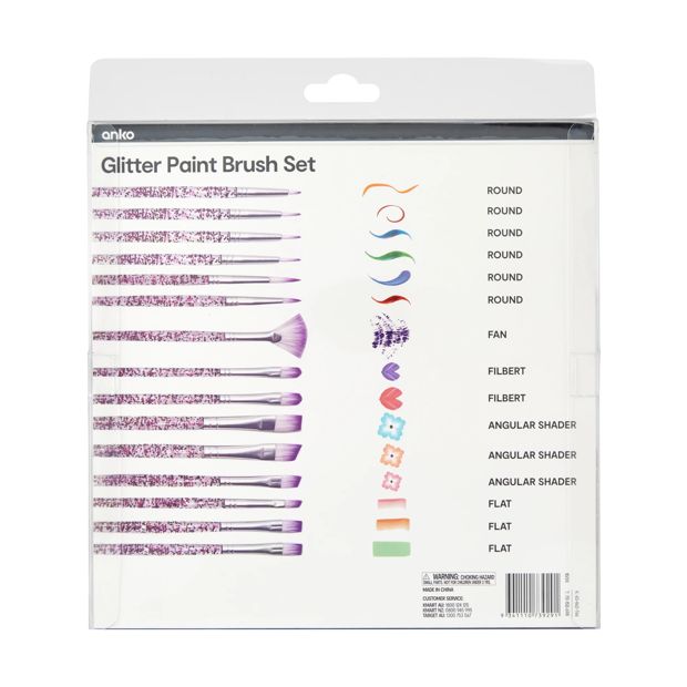 15 Piece Glitter Paint Brush Set - Anko