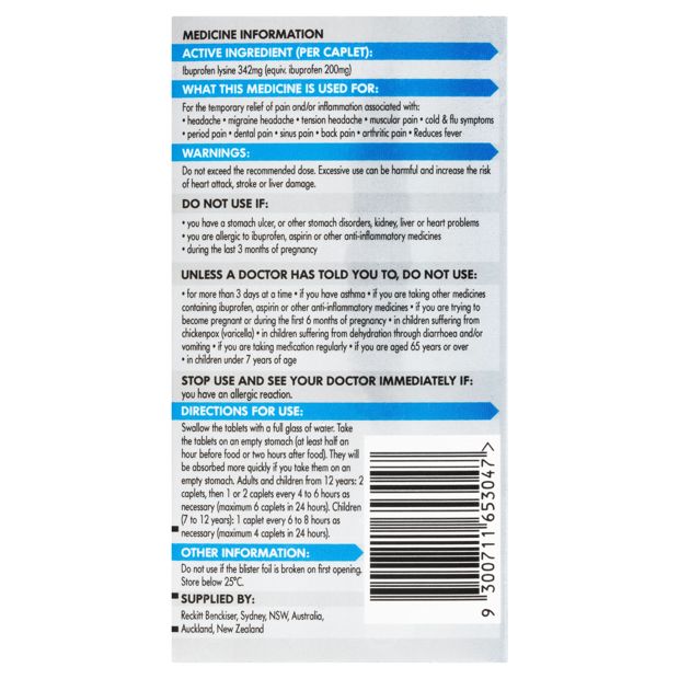 12 Pack Nurofen Quickzorb Ibuprofen Lysine 342mg Caplets