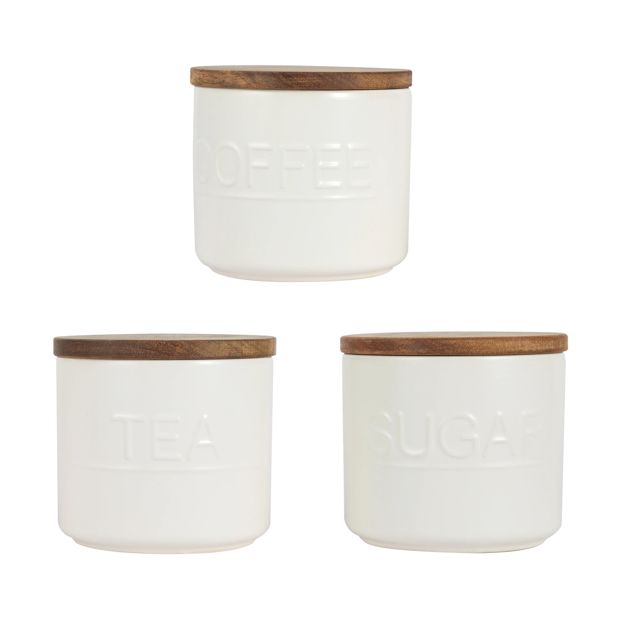 Set of 3 Off White Canisters with Acacia Lids - Anko