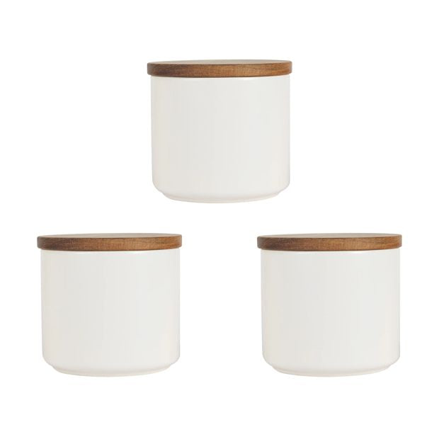 Set of 3 Off White Canisters with Acacia Lids - Anko