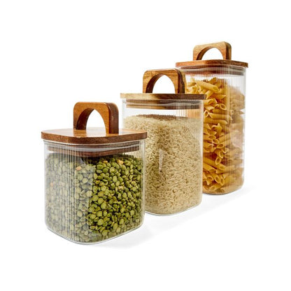 Set of 3 Linear Glass Canisters with Acacia Lids - Anko