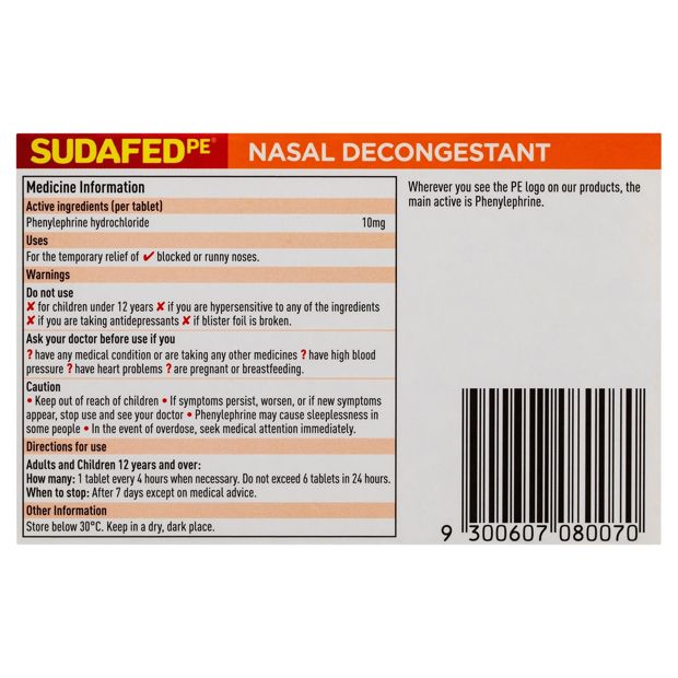20 Pack Sudafed PE Nasal Decongestant Tablets