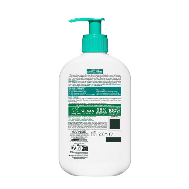 Garnier SkinActive Soothing Cream Cleanser 250ml - Hyaluronic Acid and Aloe Vera