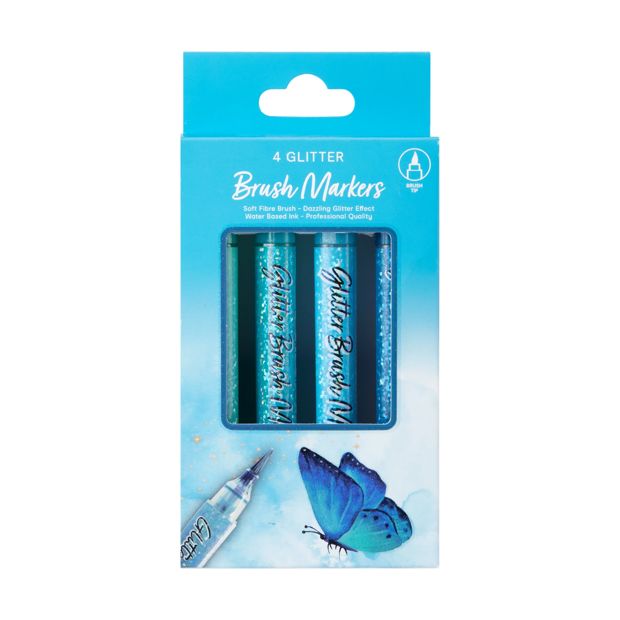 4 Pack Glitter Brush Markers, Blue - Anko